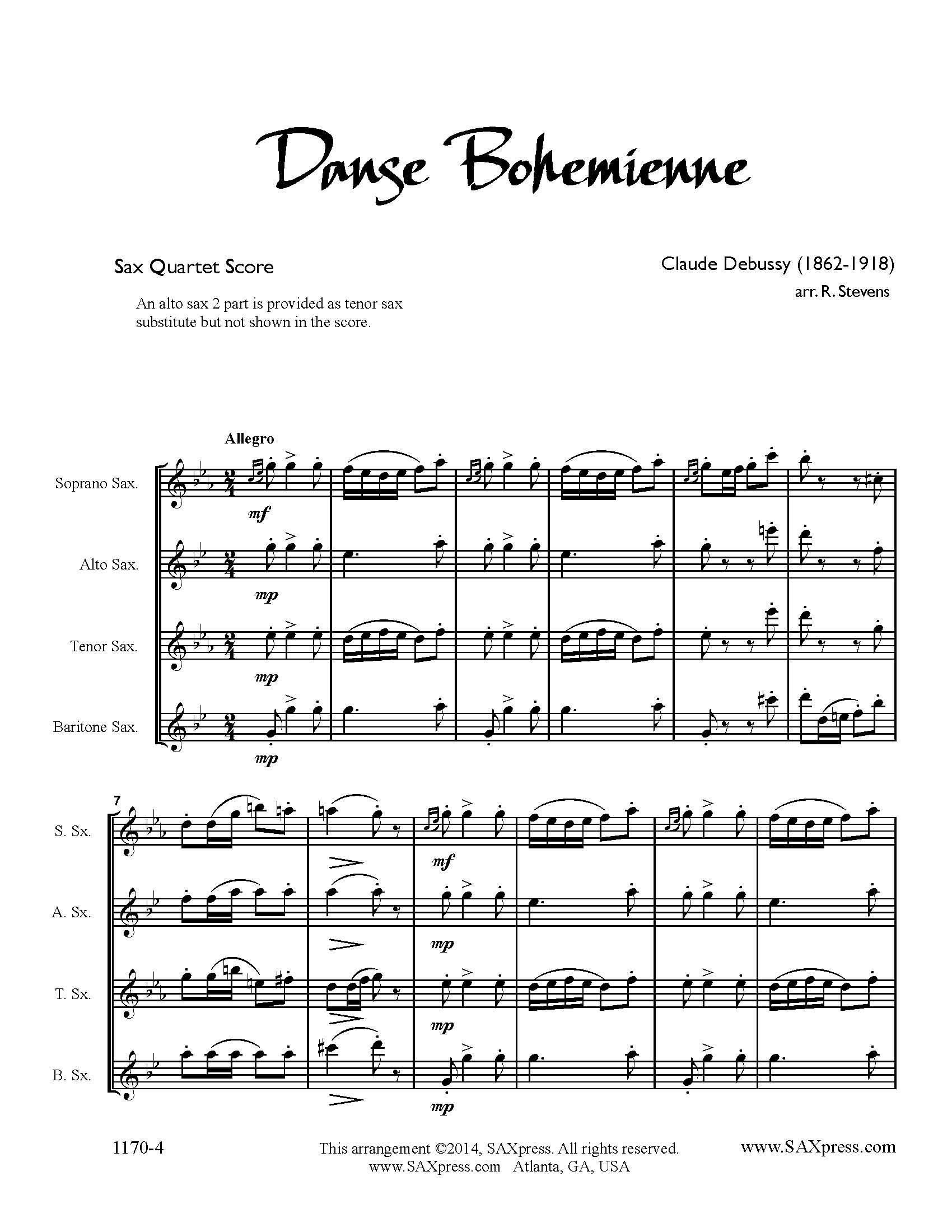 Danse Bohémienne by Debussy arranged for Saxophone Quartet