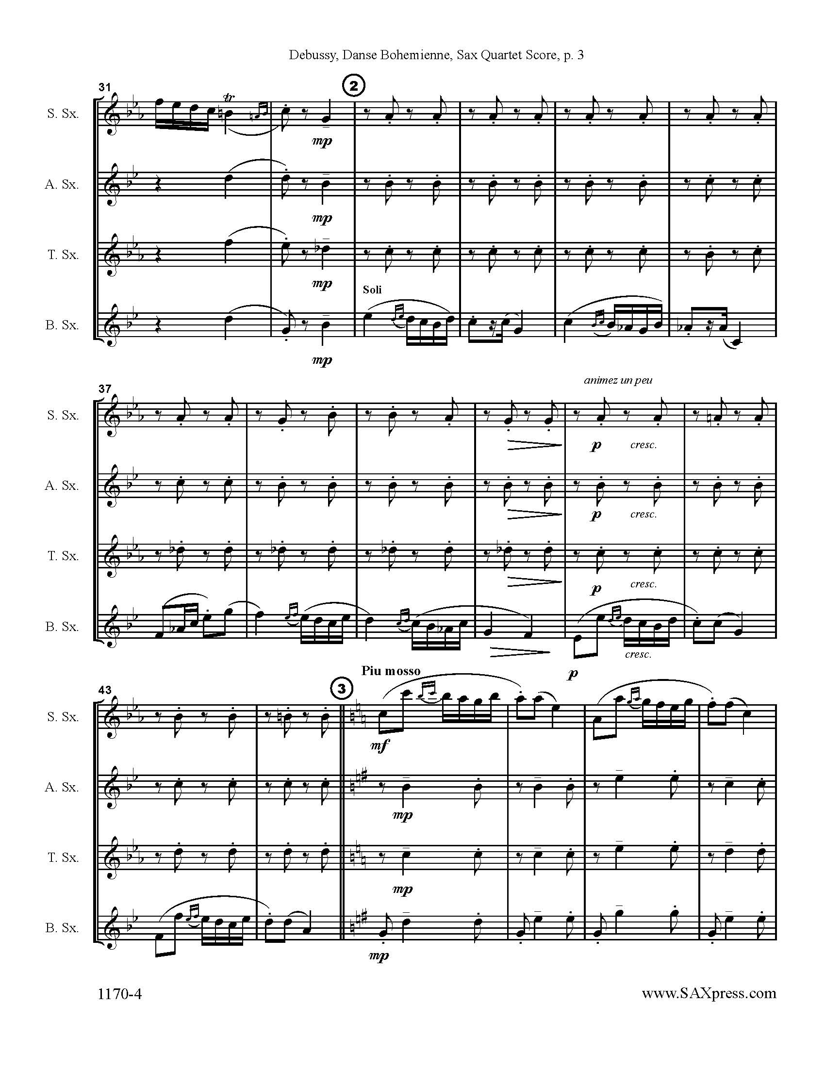 Danse Bohémienne by Debussy arranged for Saxophone Quartet