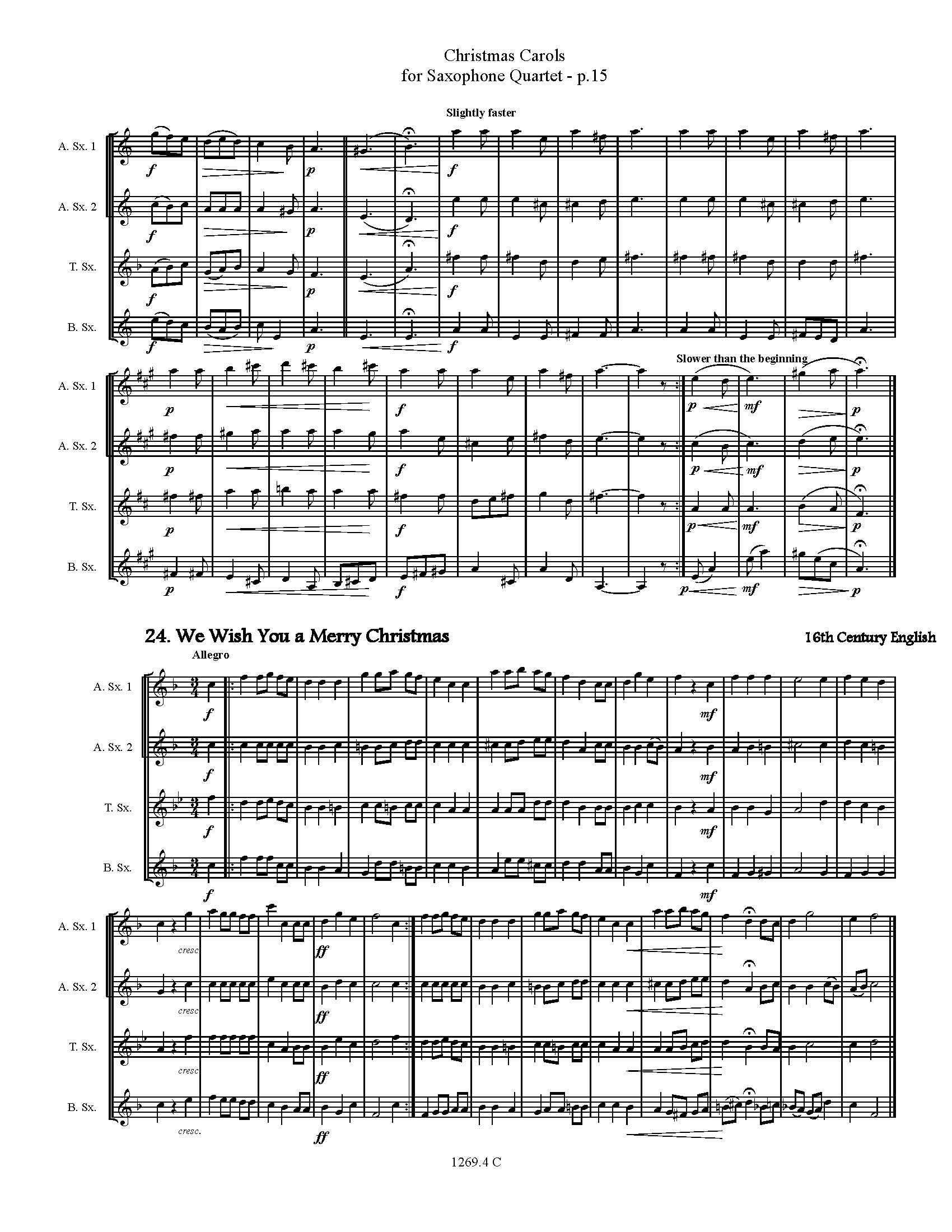 Christmas Carols For Saxophone Quartet Volume 1 Satb Or Aatb
