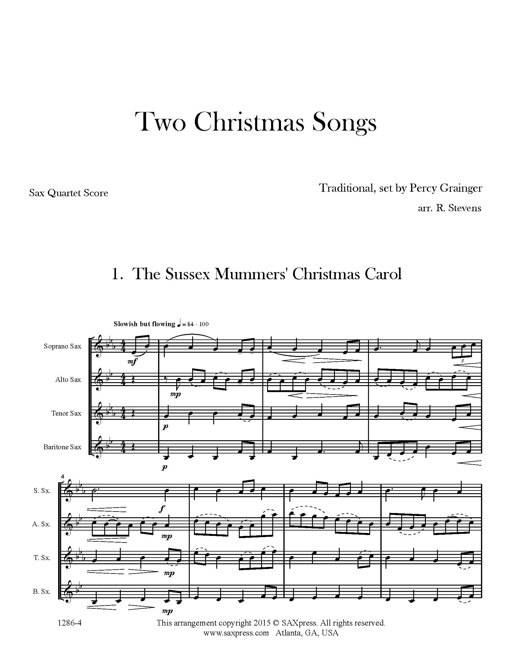 Two Christmas Songs By Grainger For Saxophone Quartet S Aatb