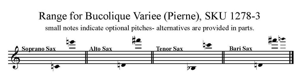 Saxophone ranges for Bucolique Varièe by Paul Pierné for Sax Trio SAB or SAT.