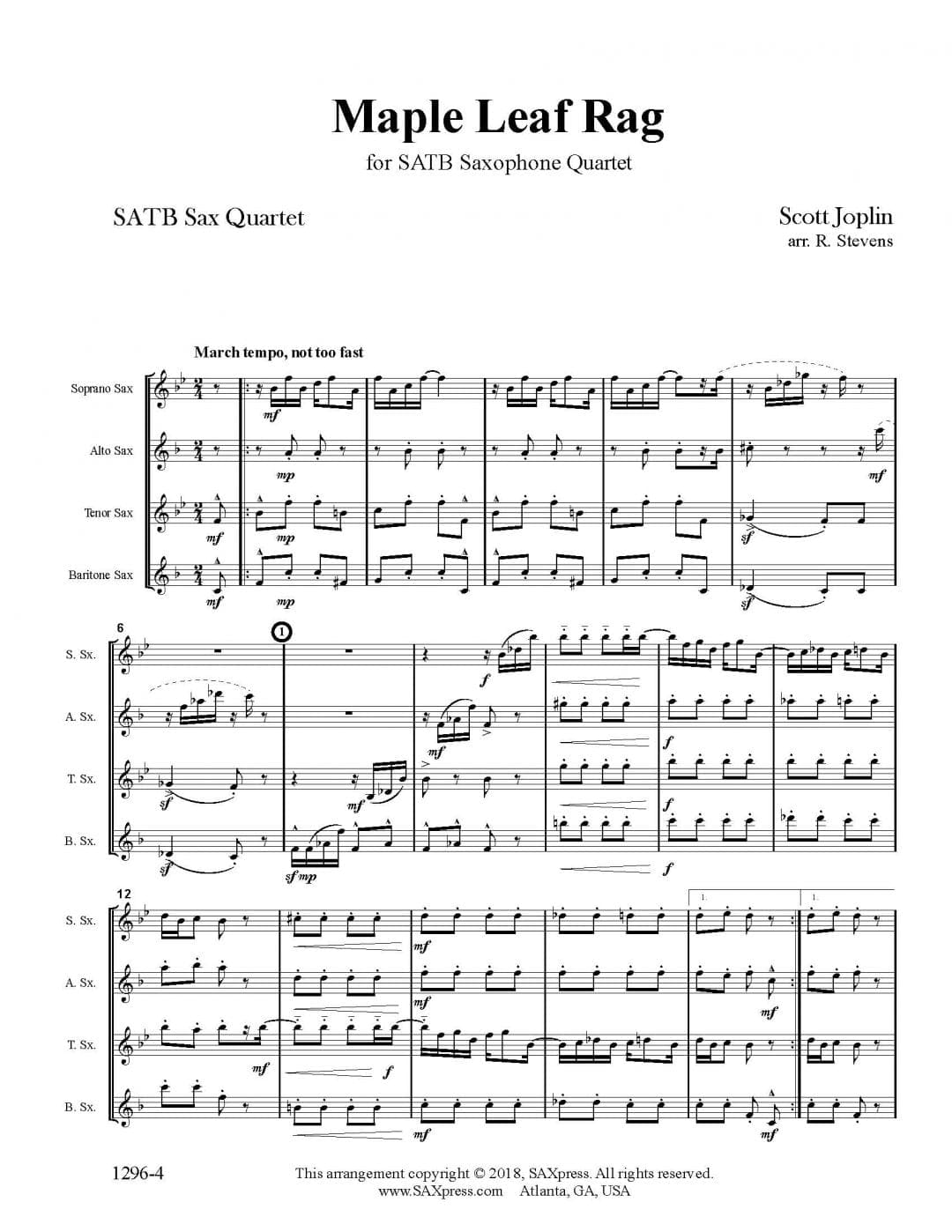 Maple Leaf Rag by Scott Joplin for SATB Saxophone Quartet