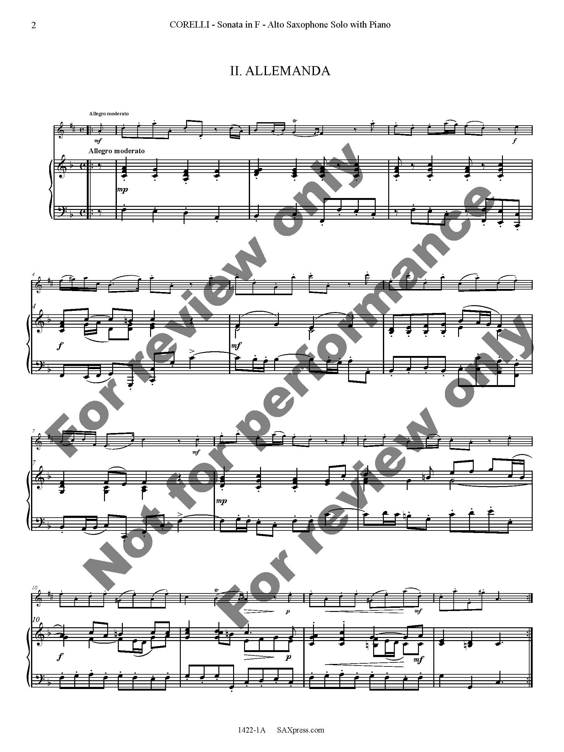 Sonata in F Major by Arcangelo Corelli arranged for Alto Saxophone