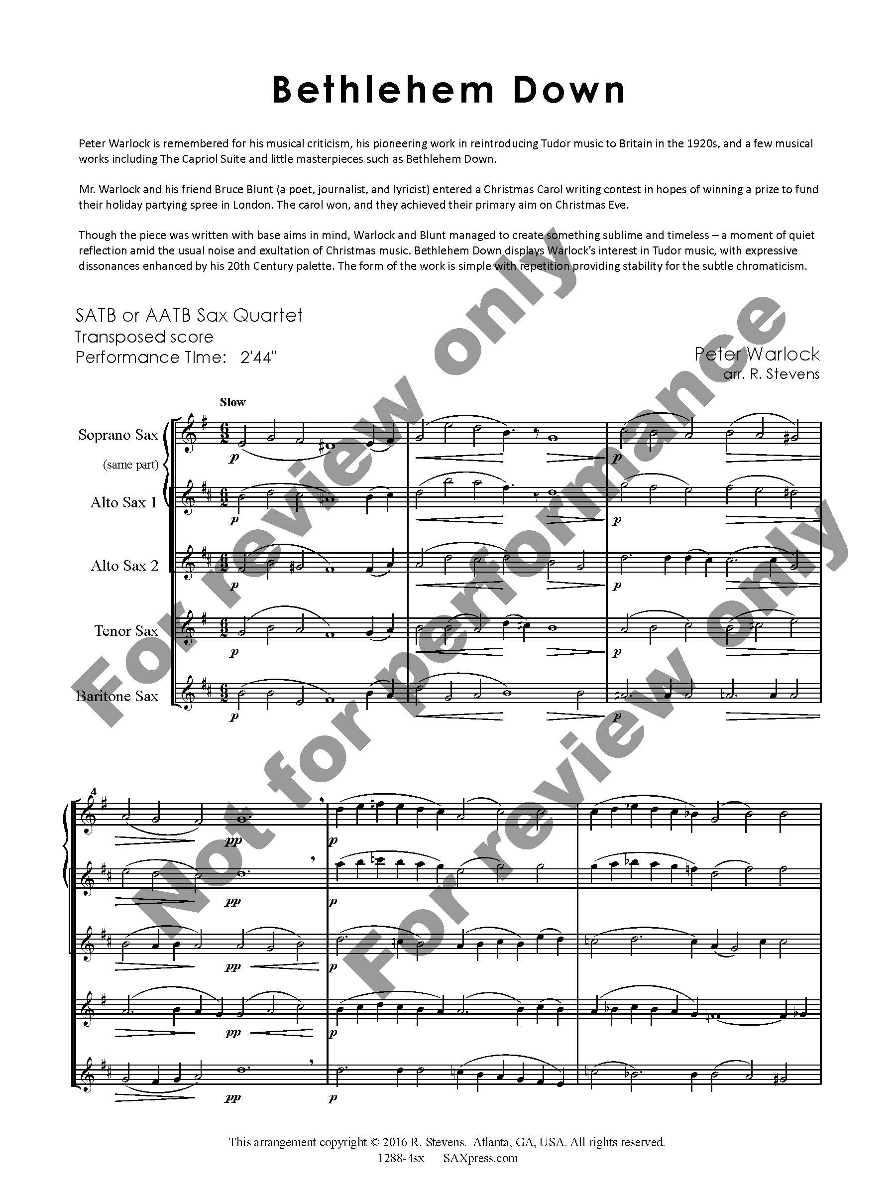 Bethlehem Down - Christmas Carol arranged for sax quartet